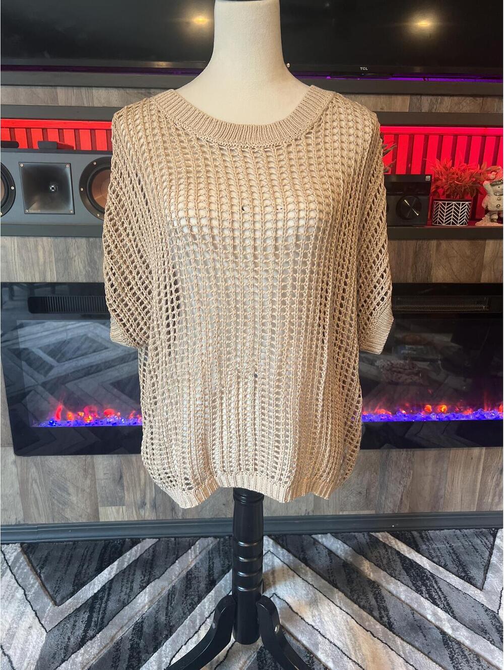 Shine Up Beige Open Knit Sweater Top, Size M